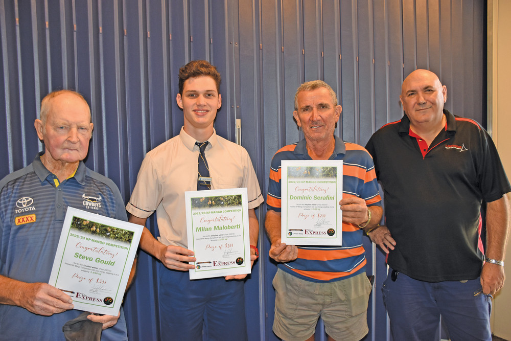The 2022/23 Kensington Pride Mango competition winner from first to third place, Steve Gould, Milan Maloberti and Louie Serafini who accepted the prize on behalf of his son, Dominic, with Mareeba Chamber of Commerce president Joe Moro