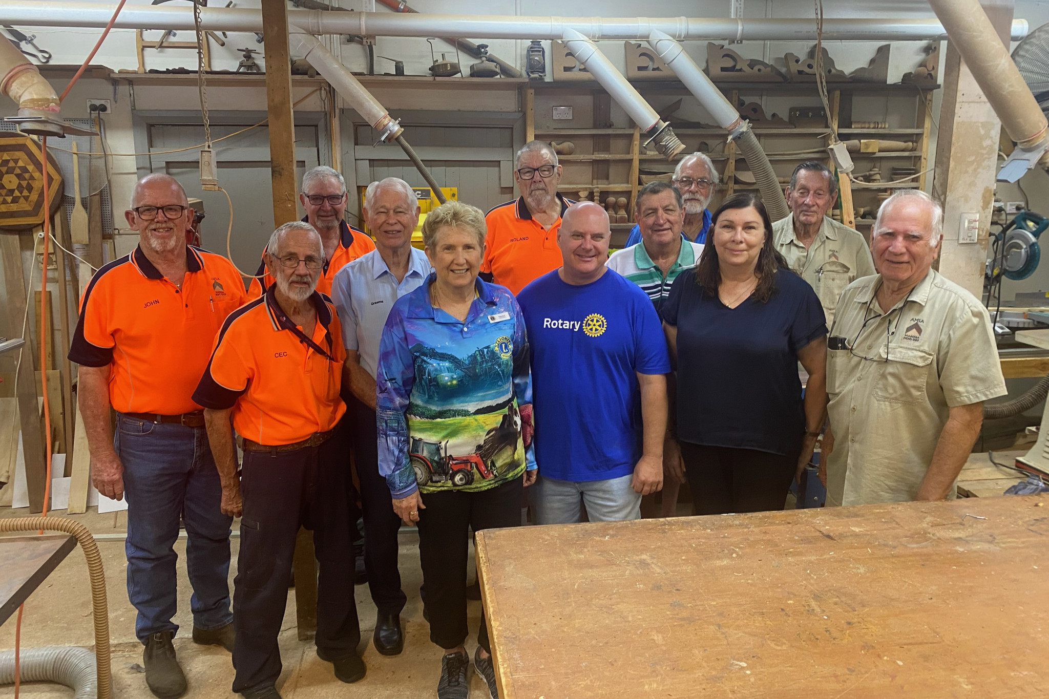 Pictured at Mareeba Men’s Shed’s recent appreciation morning tea were (back row from left) president John Hartwell, John Tirruisi, Mareeba Toyota’s Graeme Ford, Roland Hill, Denis McKinley representing Mareeba Lions, Mareeba Old Boys and Mareeba Leagues Club, Brian Smith, John Jennings. (Front row) Cec Auliffe, Patricia Pottle from Mareeba Lions, Neil Setford from Mareeba Rotary, Mareeba Leagues Club general manager Lucy Connors and Rob Archie.
