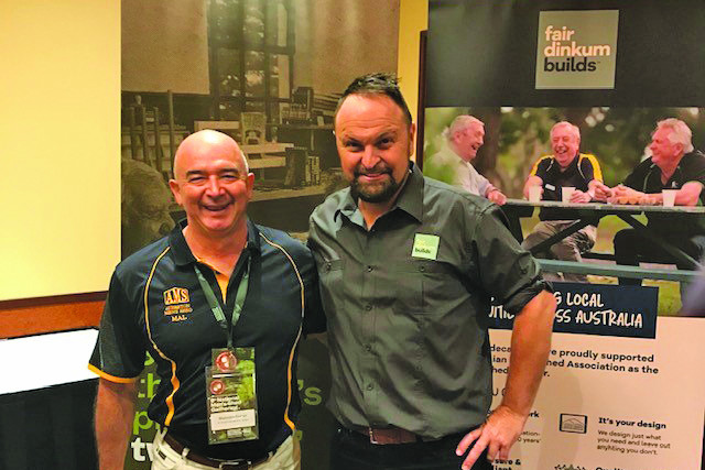 Mal Fraser (left) with Olympian Steven Bradbury at the National Men’s Shed Awards where the Atherton group received the health award.