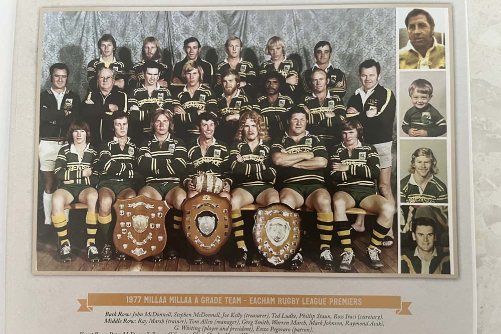 Last Premiership win in 1977 of the Millaa Millaa Rugby League team in the Eacham competition. Pictured (back row from left) John McDonnell, Stephen McDonnell, Joe Kelly (treasurer), Ted Ludke, Phillip Staun, and Ross Iraci (secretary); (middle row from left) Ray Marsh (trainer), Tom Allen (manager), Greg Smith, Warren March, Mark Johnson, Raymond Asaki, G Whiting (player and president) and Enzo Pegoraro (patron); (front row from left) Peter McDonnell, Bryan Cifuentes, Chris Clarke, Henry Winters (captain/coach), Ron Wileman, Alan “Moose” Carr, and John Bevan. Insets are (from top) Sam Miller, Sam Iraci (ballboy), John Kelly and John Roots.