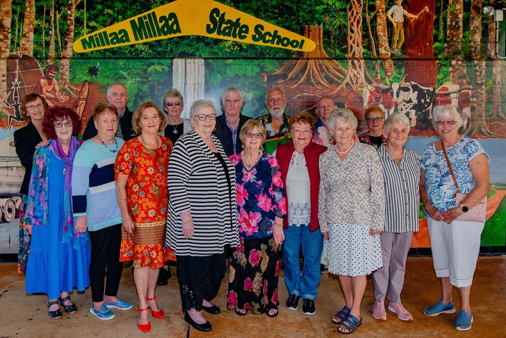 Present at the 70th year class reunion were (using nee names): Back row (from left) Narelle Perrott, Ian Whitaker, Sandra Sherlock, Norman Liles, Ken Robertson, Vaughan Nash and Lyn Daley. Front row (from left) Cheryl Baldwin, Joan Carmichael, Glenda Attewell, Carol Reid, Mrs Denise Burke (nee Dauth, Choir teacher), Jeannie Jackson, Barbara Nash, Margaret Tranter and Valmai Carmichael. Absent from the photo are Jenny Kneubuhler and Margaret Starkey.