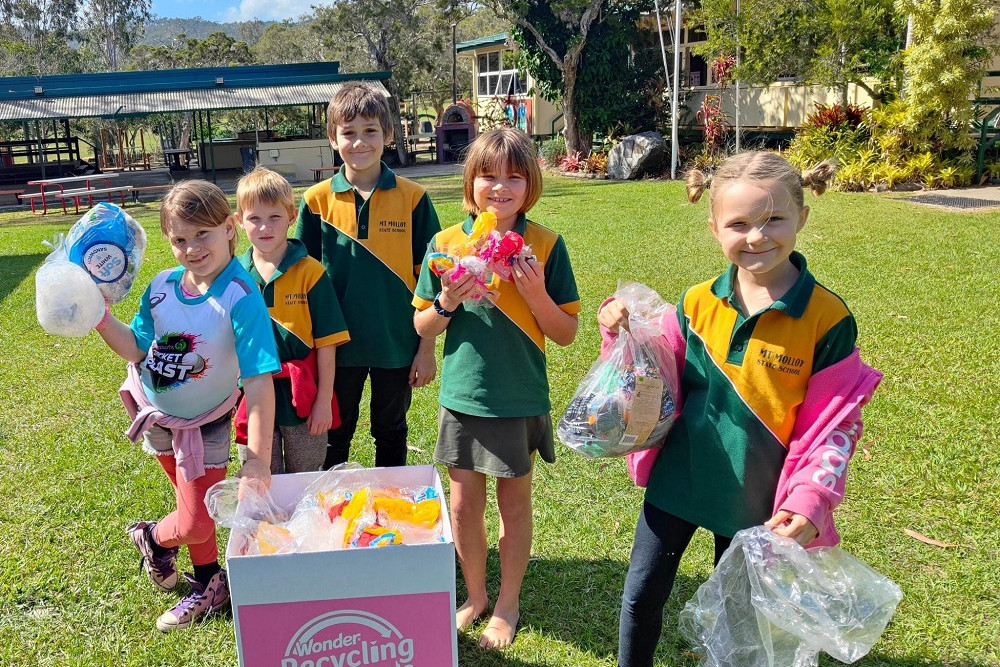 Mt Molloy State School students Ava, Chase, Sam, Maggie and Bianca have been collecting bread bags that can recycled into playground equipment.
