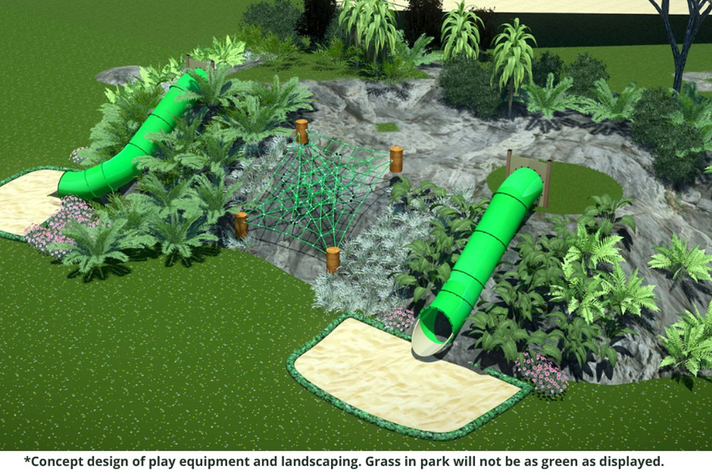 A concept design of the play equipment and landscaping at the Bicentennial Lakes in Mareeba. Grass in park will not be as green as displayed.