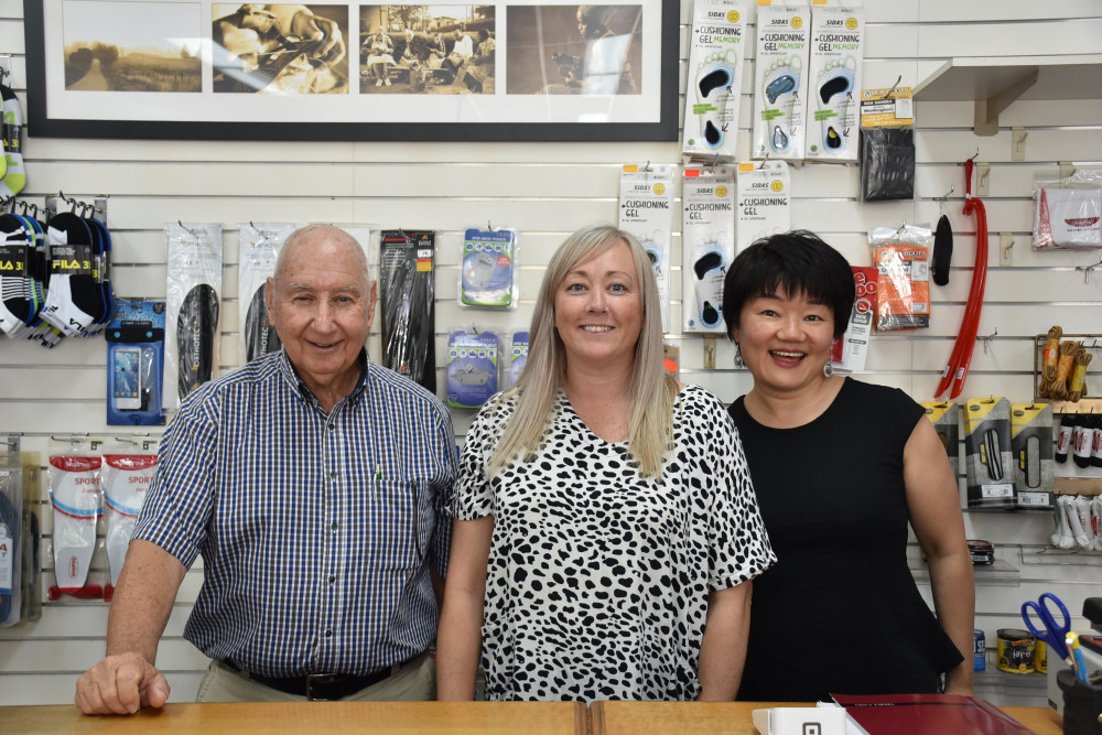 New shop owner Des Rowe with shop manager Peta Shawcross and Des’s partner Julie Rowe.