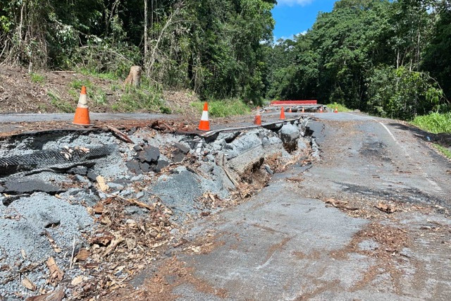 One of the badly damaged sections of road on the Palmerston Highway.