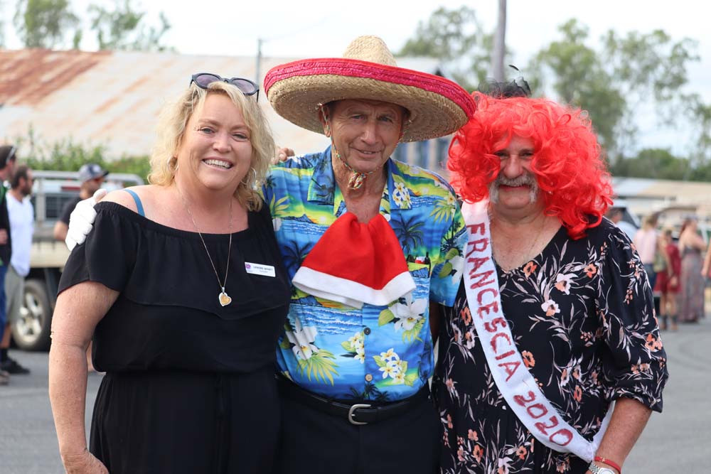 Cr Lenore Wyatt, Lenni Buljubasich and “Covid Queen” Frank De Iacovo at the downtown parade.