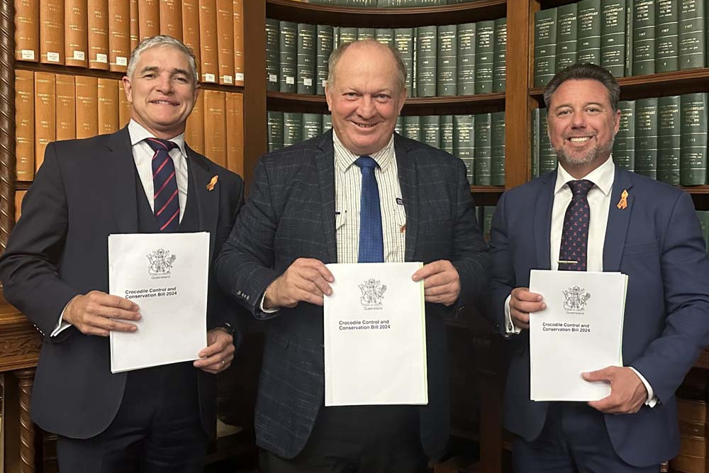 KAP Leader Robbie Katter, Member for Hill Shane Knuth and KAP Deputy Leader and Nick Dametto with the Crocodile Control and Conservation Bill introduced into Parliament last week.