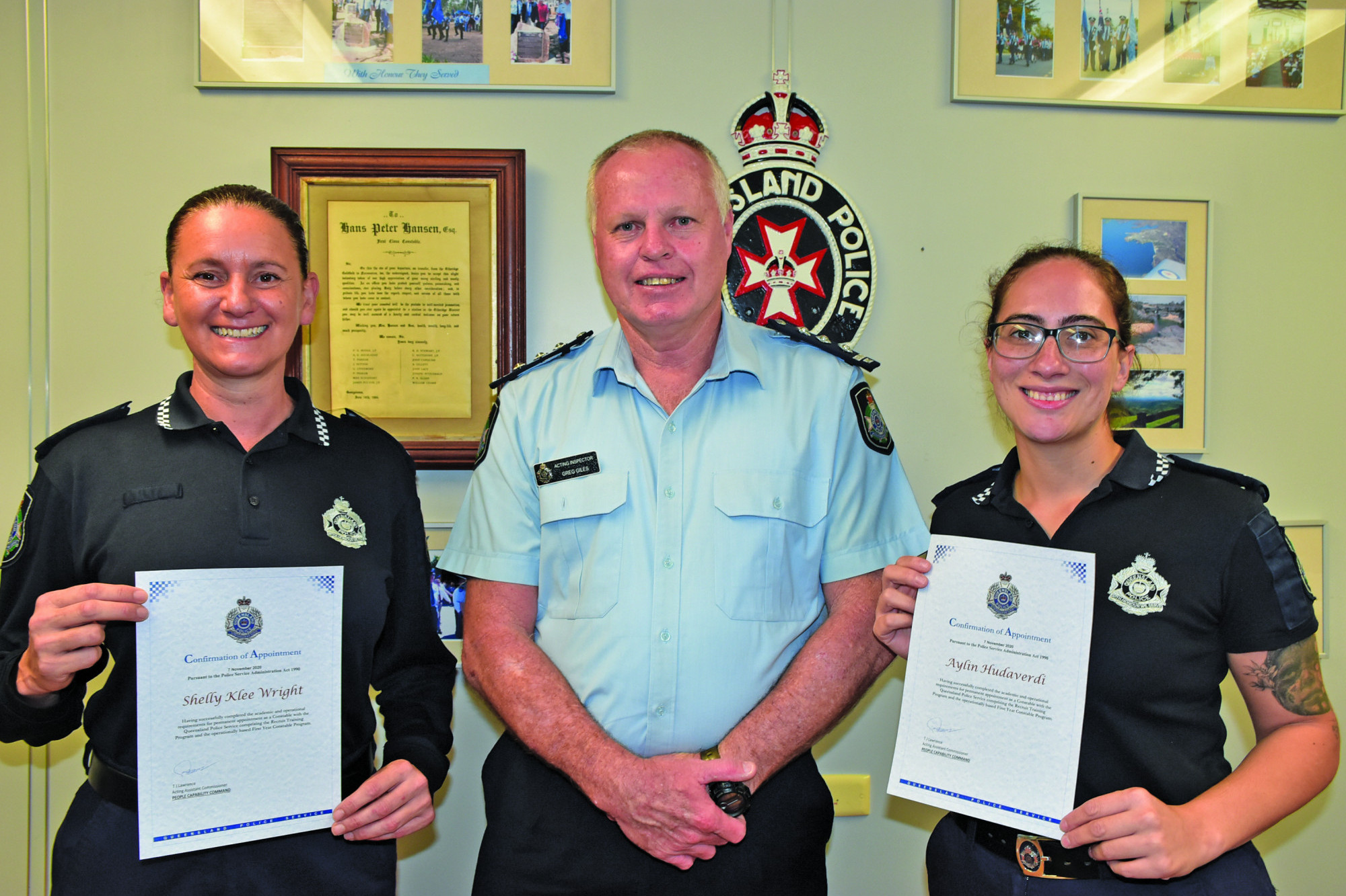 Constables Shelly Wright and Aylin Hudaverdi with Tablelands Patrol Group Acting Inspector Greg Giles.