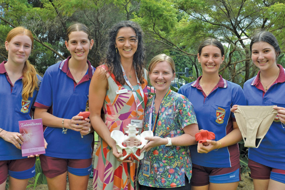 Mareeba State High School students Ally Macleod, Nikita Tatti, Eve Davies and Mia Squillari with Pelvic Pain Foundation clinical educator Kate Tomsett and school nurse Sam Hales (centre) during the recent PPEP presentation.