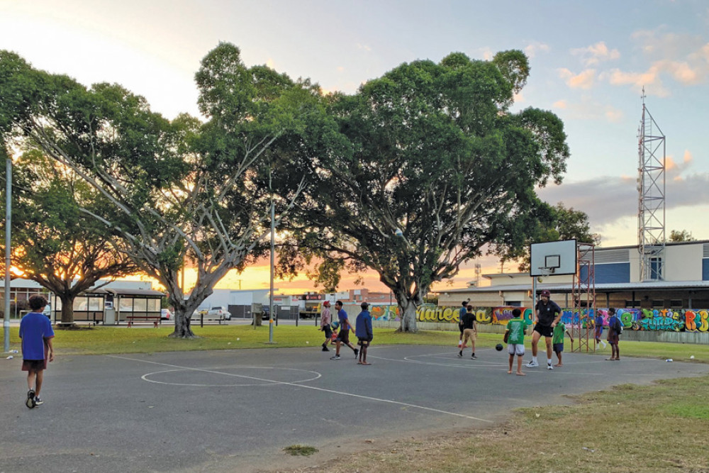 Kids enjoying some time outside at the Arnold Park basketball courts with the Pulse Café after it re-opened recently