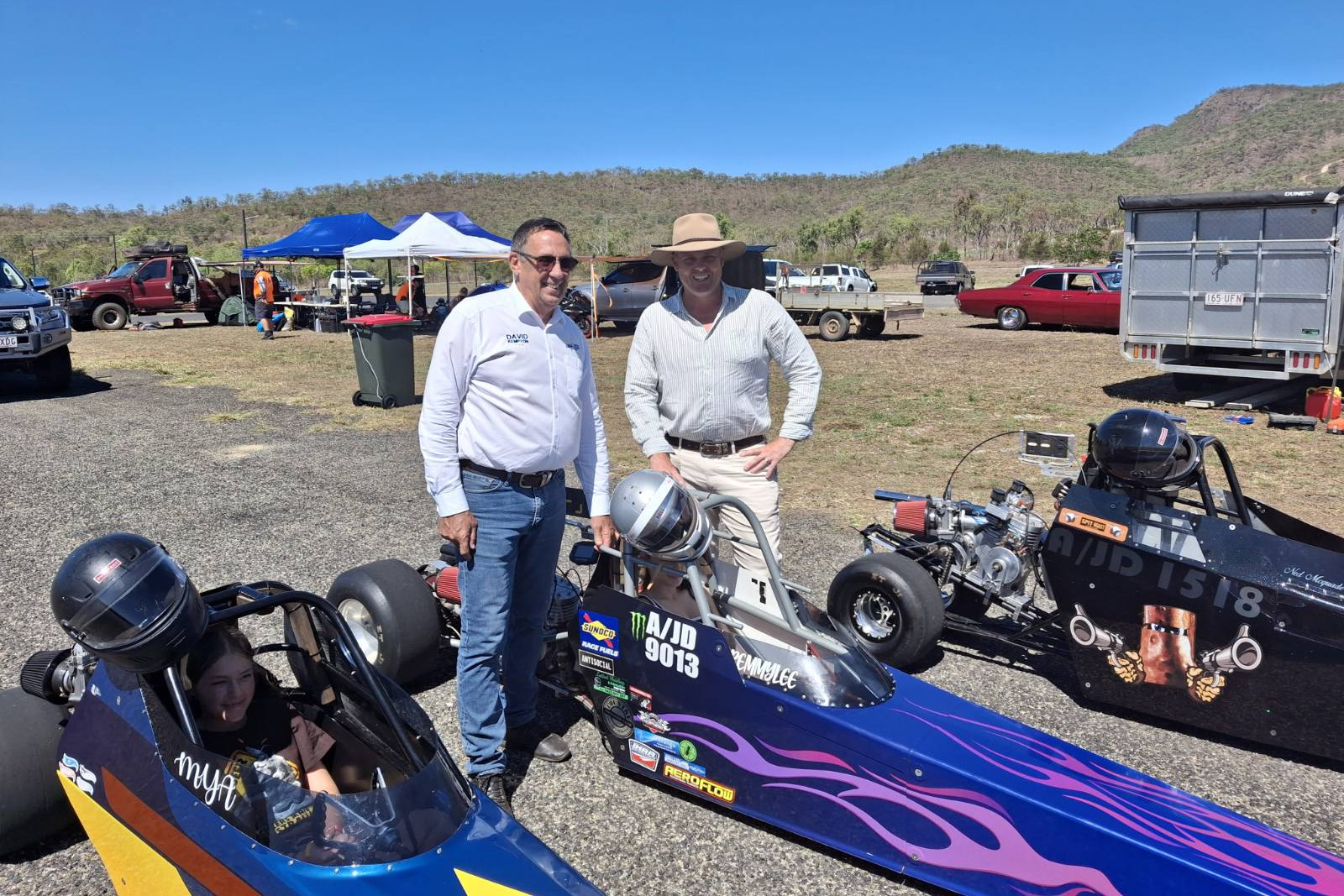 Newly elected Member for Cook David Kempton with LNP candidate for Hill Cameron McCollum with some of the junior drag racers at Springmount Raceway.