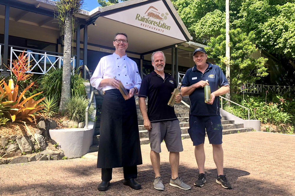 Mountain Groves distiller Christian Auer, CaPTA Group general manager Andrew Hearn, Rainforestation general manager Kieran Sullivan are excited for locals to try their new fruity liqueurs.