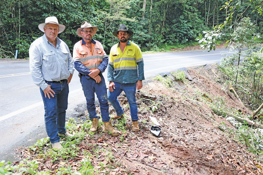 State Member for Hill Shane Knuth with Dempsey Cranes and Construction owner Chris Deempsey and Ravenshoe Chamber of Commerce vice president Blake Kidner on the stretch of the highway they want improved