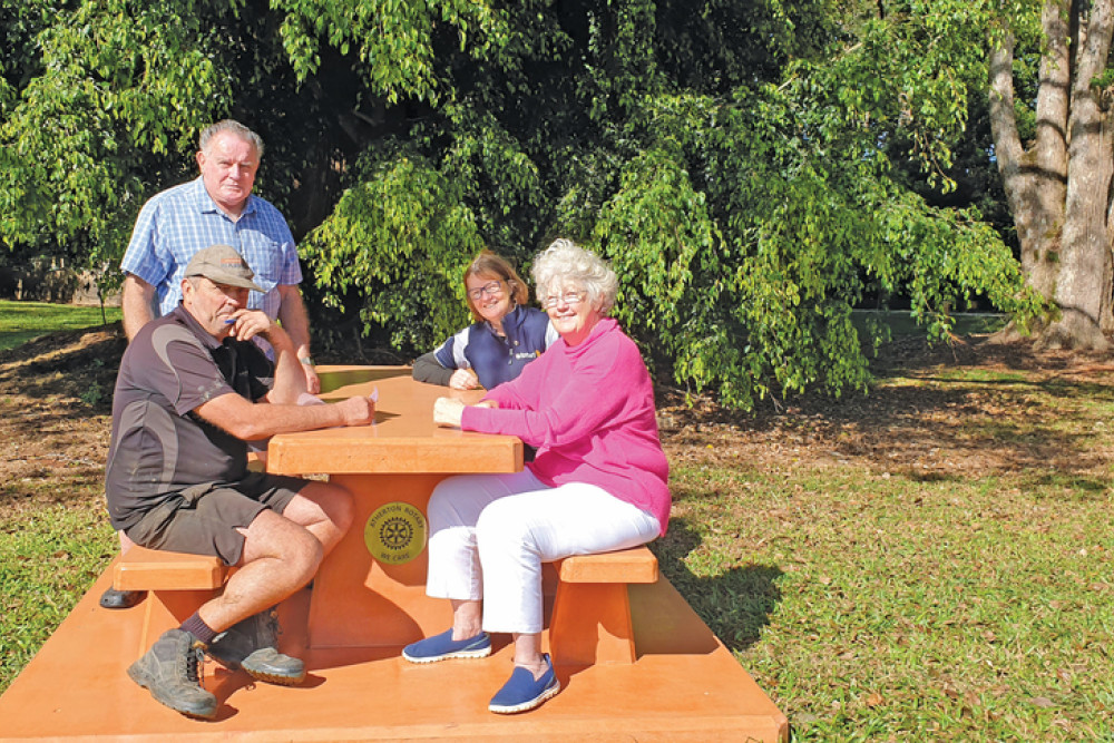 Rotarians Trevor Taylor, president Leigh Woltmann, Jo Barnes and Peter Delai with the newly installed seat at the Atherton War Memorial.