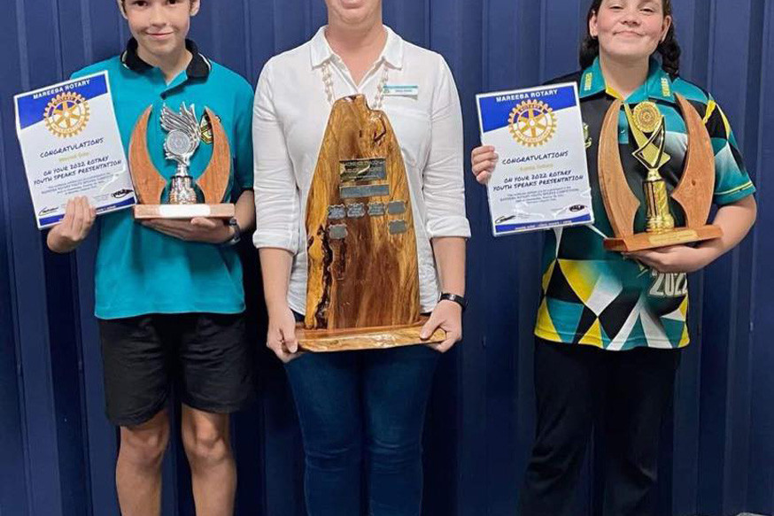 Mitchell Gale and Kahlia Sellers from Mareeba State School with mentor Zena Coyle (centre) after receiving their awards