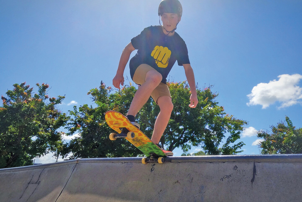 Solomon Pett enjoyed one of the recent Groms Skate Coaching Stomping Grounds clinics held in Mareeba in March.