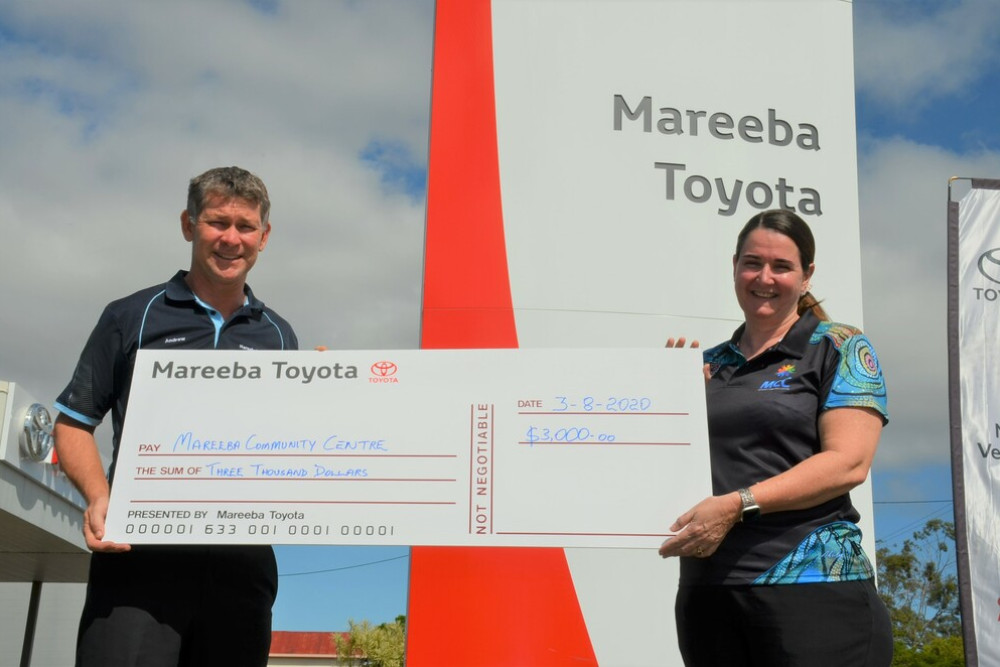 Andrew Ford from Mareeba Toyota donated $3,000 to Julie Theakston and Mareeba Community Centre to help with their mental health programs.