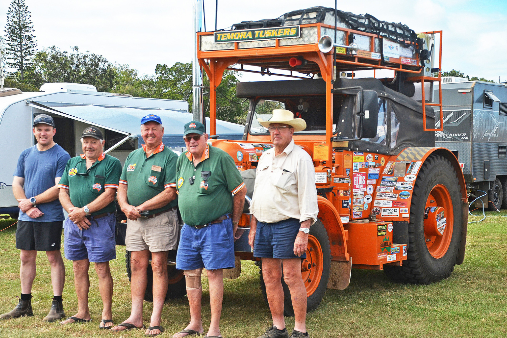 Matt McQualter (left), Claude Fuller, Neville Thompson, John Ault, and Tony Barnett are travelling Australia in a fleet of three 9G Chamberlain tractors.