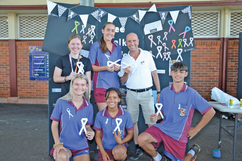 (Back from left) School-based youth health nurse Samantha Hales, Raquel France, Junior Head of Department Brad Weaver, (front from left) Bella Ford, Leksi Mukadi and Douglas Holden taking part in White Ribbon Day at MSHS.