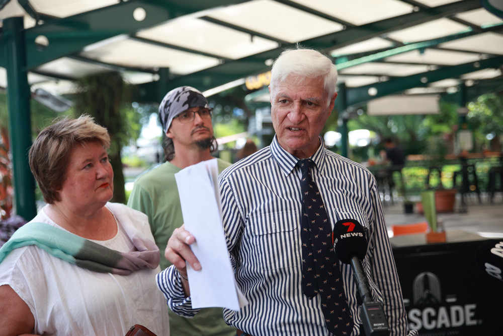 Federal Member for Kennedy Bob Katter with Rainforest Reserves Australia president Carolyn Emms and Stop Chalumbin Wind Farm’s Matt Lachlan at Friday’s media conference