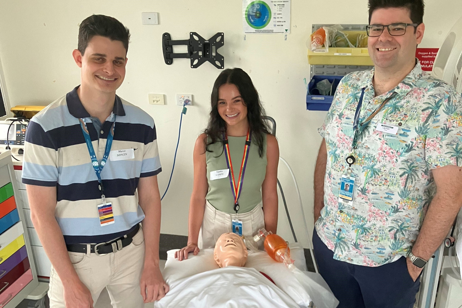 Junior doctors Marco Soncin (left) and Sophie Gampe with Dr Lachlan Gordon, Acting Director of Medical and Emergency Services.