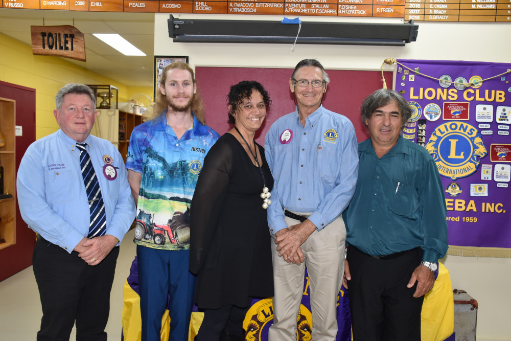 Mareeba Lions Tom Braes, Justin Eales, Alita Jennings, Terry Wallace and new President Rico Cabassi at the changeover celebration on Saturday night at the Mareeba Bowls Club. BELOW: Lion of the Year, Petrina McGuire.