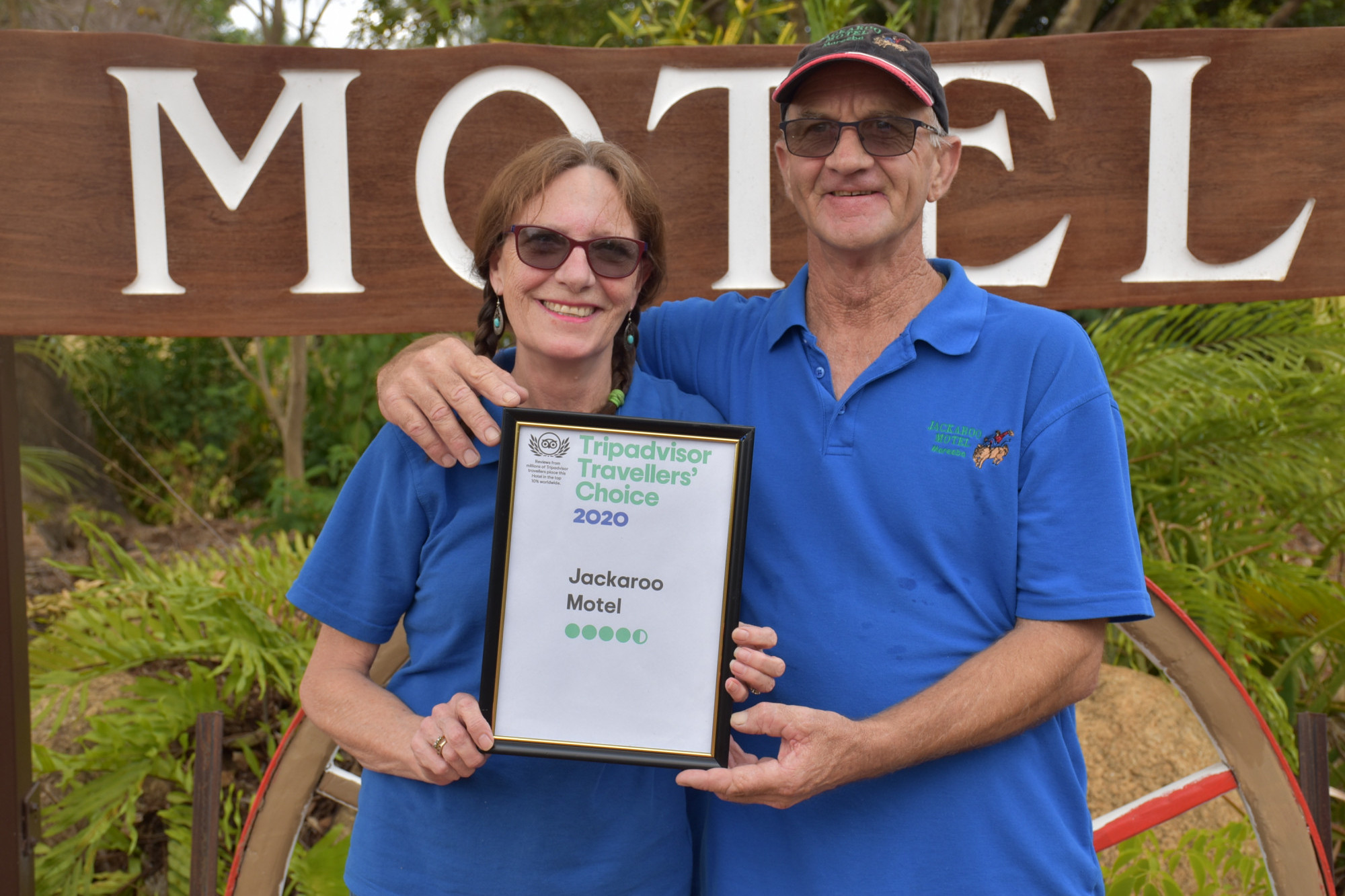 Managers Carol and Grant Daly from The Jackeroo Motel in Mareeba with their new Tripadvisor award.