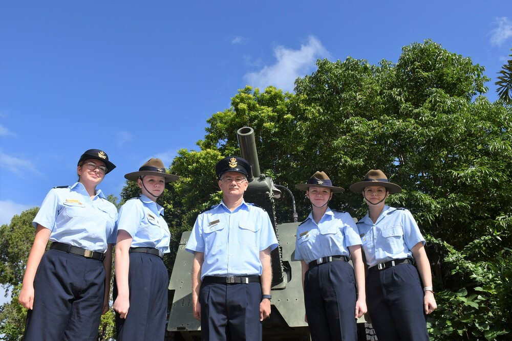 Members of the Mareeba Air Force Cadets (from left) Warrant Offi cer Sarah Westwood, Sergeant Abbey Pillar, Flight Lieutenant Stanway, Sergeant Prue Pillar and Corporal Emily Dixon are getting ready to participate in Anzac Day ceremonies to be held at the town's cenotaph next Monday.