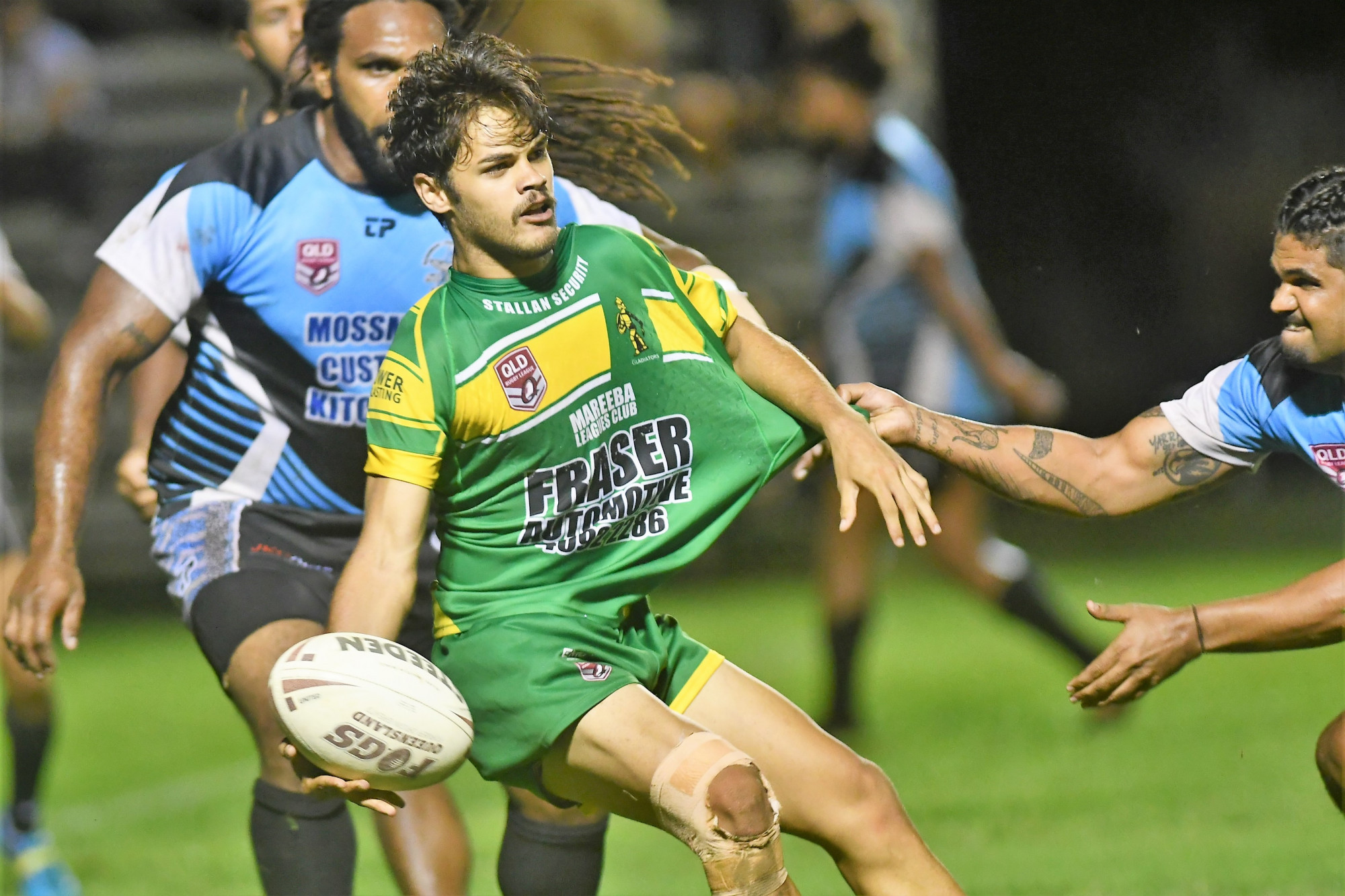 Mareeba’s Trezman Banjo being brought down by the Mossman Sharks in the Gators 35- 26 defeat at Davies Park on Saturday night