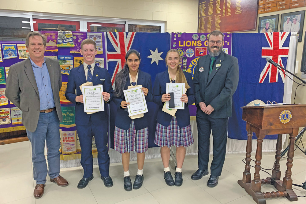 Ella Daven, Nicholas Brammer and Manvir Kaur with Lions Youth coordinators Gilbert Teitzel and Gary Searle on Saturday night