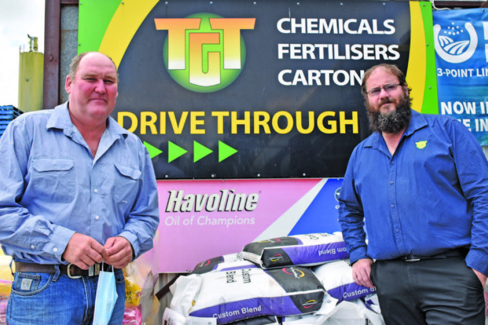 Business Development Manager for TGT Brian Rowling and Ag Division branch manager Clinton Eales with fertiliser products.
