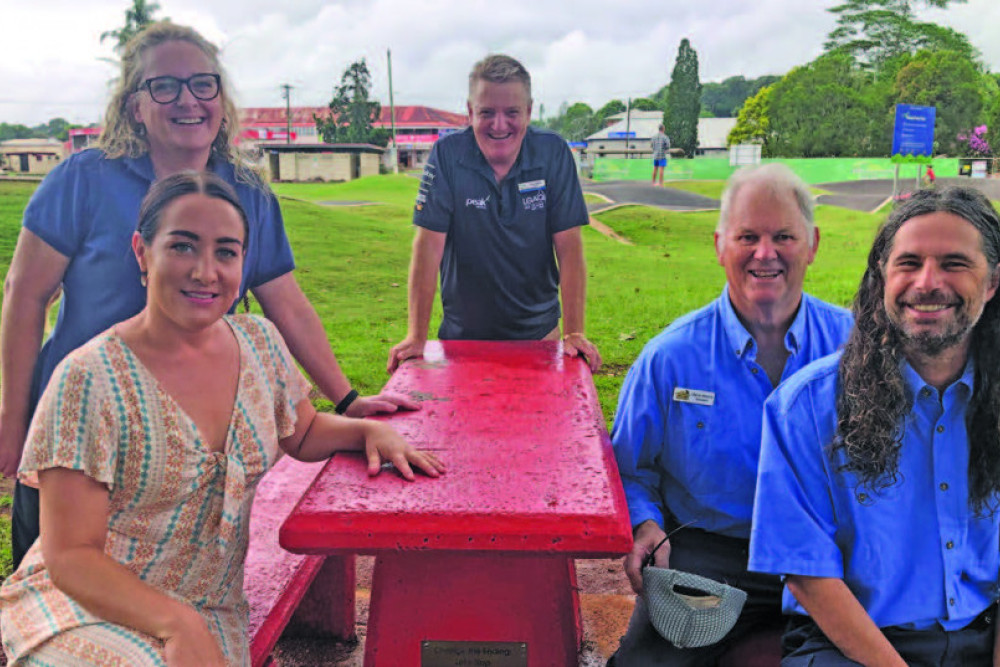 Pictured (from left) at the Red Bench at Jack May Park are project initiator Jemma Bimrose, Bel Moore from ECHOMalanda, Councillor Dave Bilney, Malanda Mens' Shed president and project manager, Glynn Morice and Malanda Men’s Shed project worker, Jaap Van Den Boom.