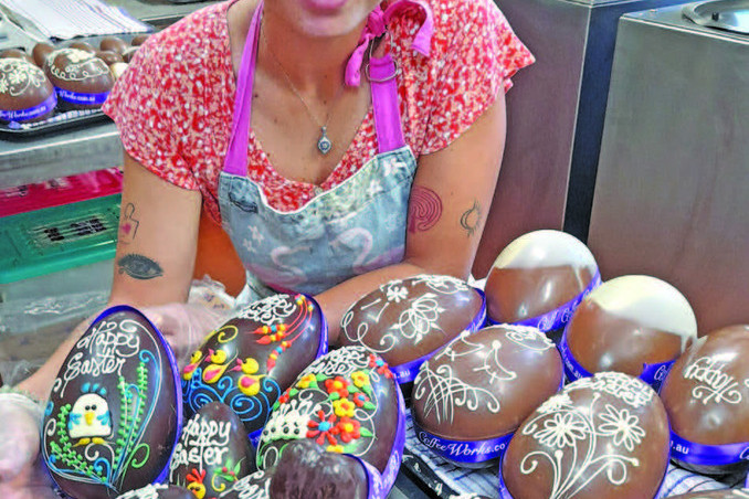 Mareeba Coffee Works chocolatier Denise Saunders with some of the eggs she has created for Easter.