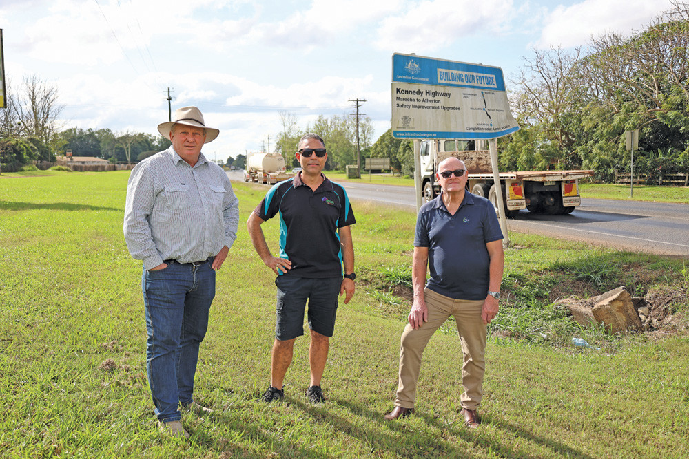 Member for Hill Shane Knuth, Natural Choice Early Learning Family Daycare manager Christopher Gueho and Tablelands Regional Council division 6 councillor Bernie Wilce inspecting the Kennedy Highway.