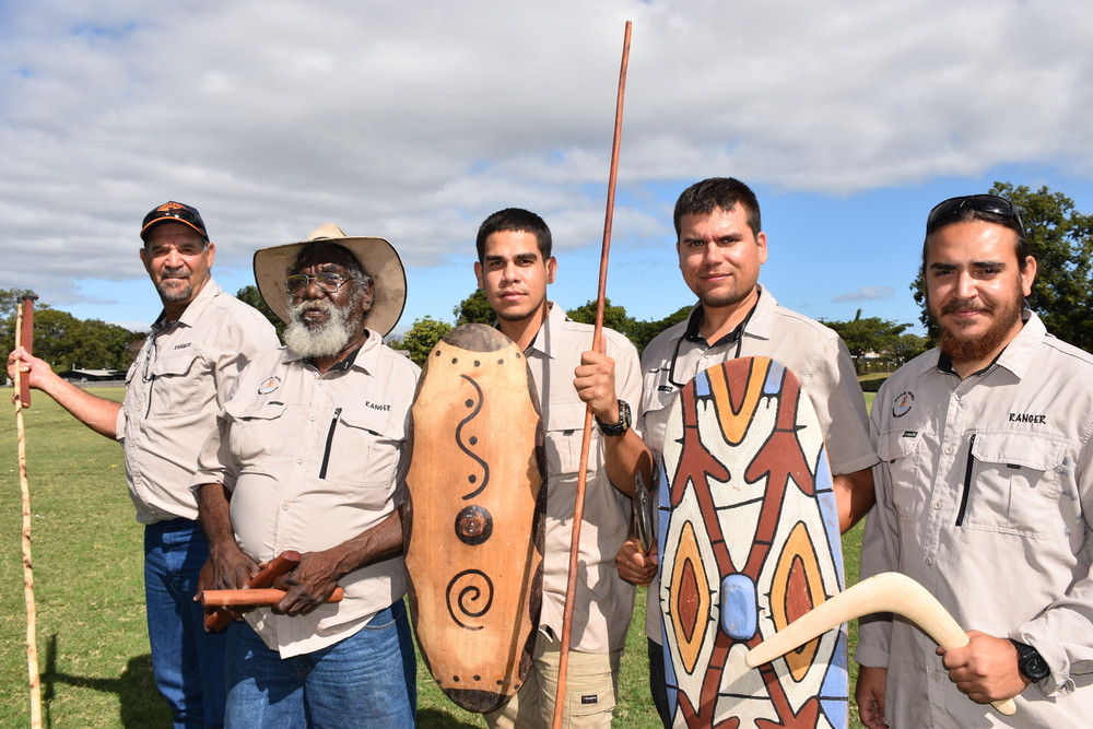 West Yalanji Aboriginal Corporation rangers David Williams, Dennis Leecheu, Leslie Geia, Tuan Grogan and David Boyle with traditional aboriginal artefacts.