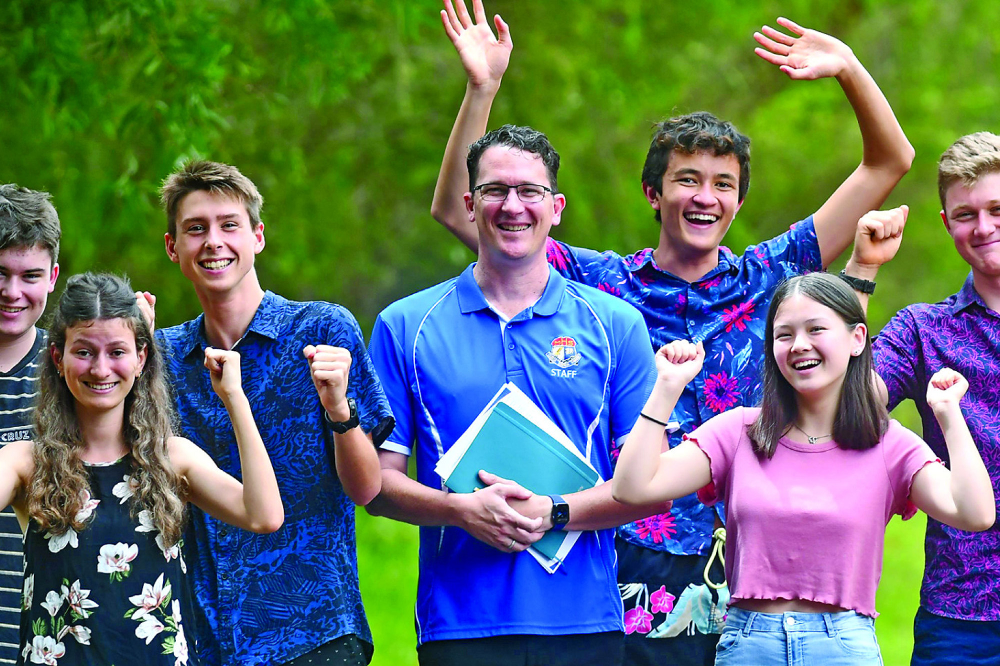 Malanda High School’s 2020 Graduates (from L - R) Bailey Wakeford, Tahlia Clennar, Lari Wilkinson, Riley Jones, Mia Grace and Rohan Hickey with Deputy Principal Ben Harding (centre) excited to receive the Top 6 ATAR scores in their grade.