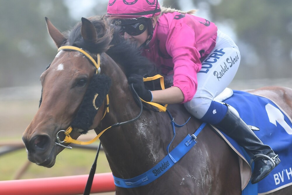 Race two winner Artiebe and jockey Rachel Shred.