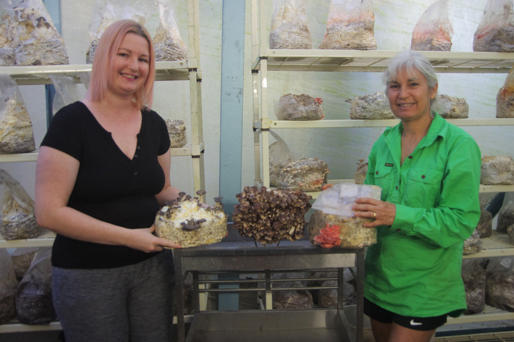 Natasha and Leah Peppler with Blue Pearl Oyster, Shiitake and Pink Oyster mushrooms.