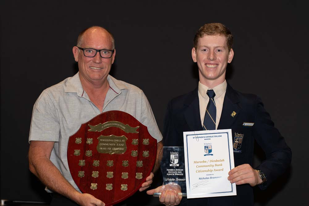 Nicholas Brammer (right) with Stephen Gear from the Mareeba and Dimbulah Community Bank, took home a host of awards at the Celebration of Excellence.