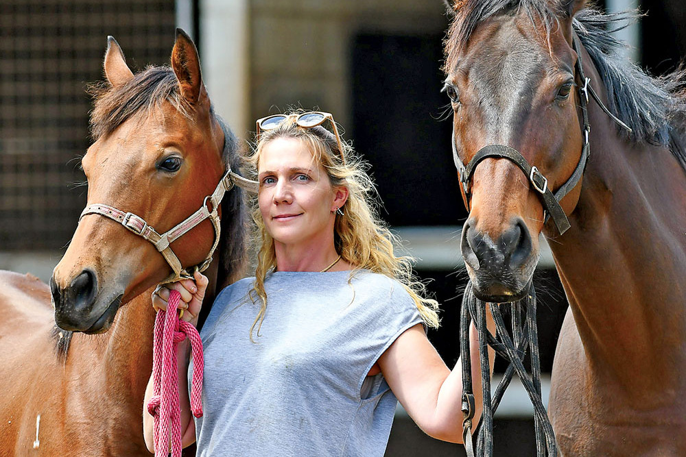 Horse trainer Louise Terzi with her one-year-old foal Zoomer and retired racehorse Goody currently stabled at Tolga while she replants and freshens the grass on her property.