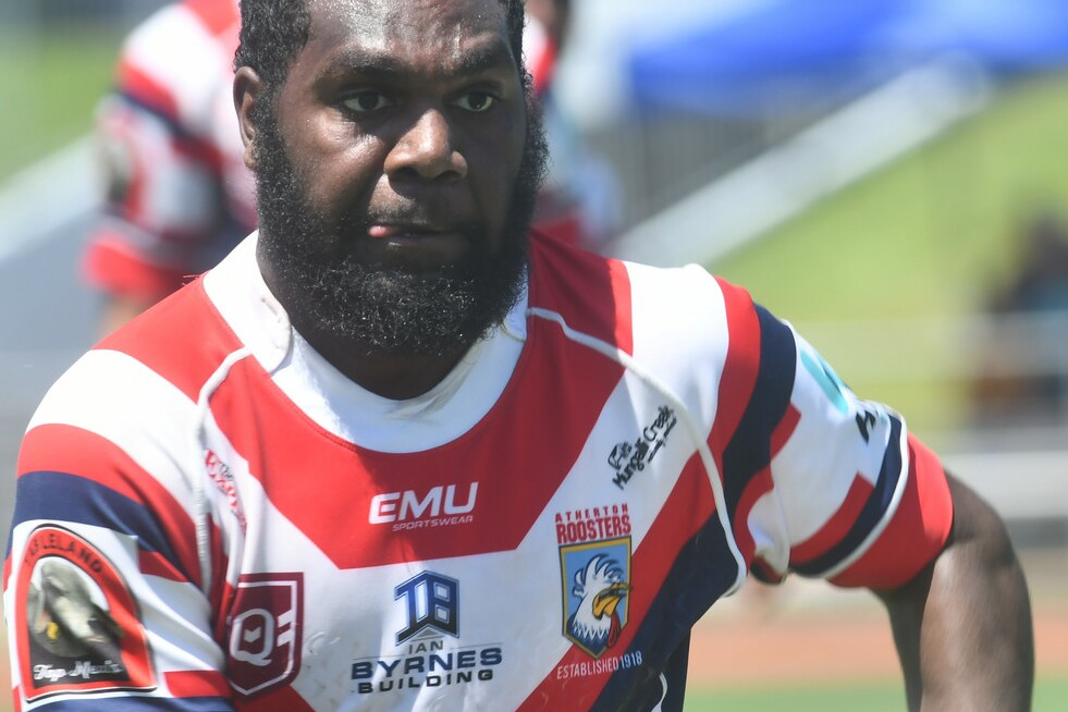 Centre Zaimen Gilbert takes the Roosters to the line at Barlow Park on Sunday.