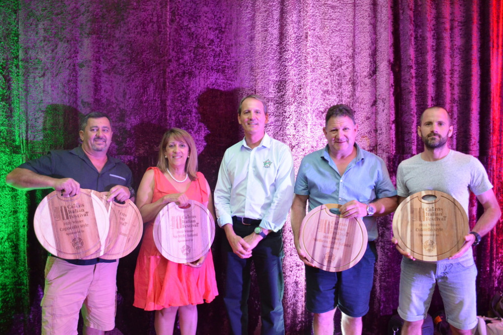 Winners of the inaugural Mareeba Salami and Sausage compeition: Frank Musmarra, Caroline Merolli, sponsor Luigo Borgo, Walter Merolli and Christian Biasiolo on Sunday.