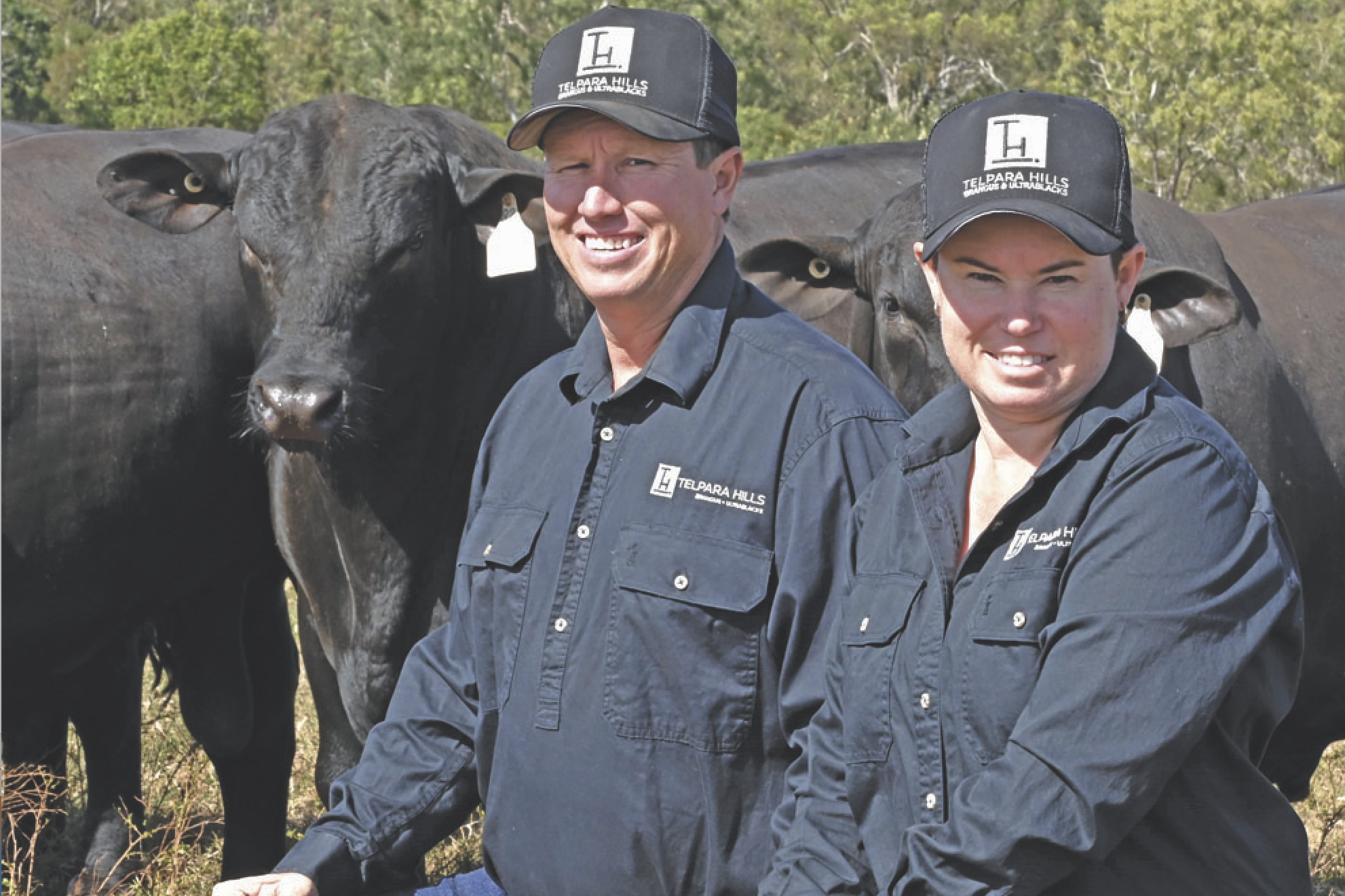 World class genetics on your doorstep: Stephen and Fiona Pearce in front of some of Telpara’s high calibre Brangus and UltraBlack bulls which will be sold this Saturday.