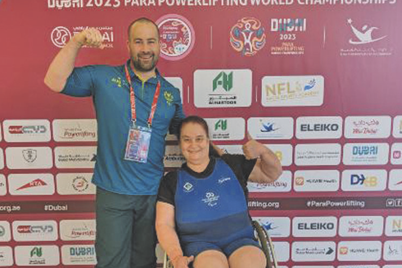 Trish Wallace and her coach Simon at the powerlifting world championships.