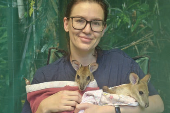 Agile Project carer Gemma Napier with two kangaroo joeys she cares for from her home.