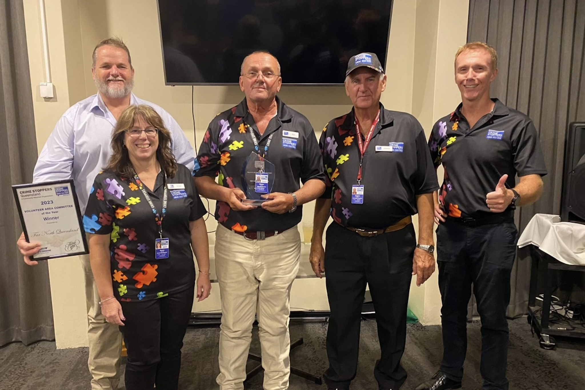 Crime Stoppers FNQ committee Kevin Gowan, Volunteer of the Year Norma Maloney, Mladen Bosnic, Stephen Srhoj and Crime Stoppers CEO David Hansen.