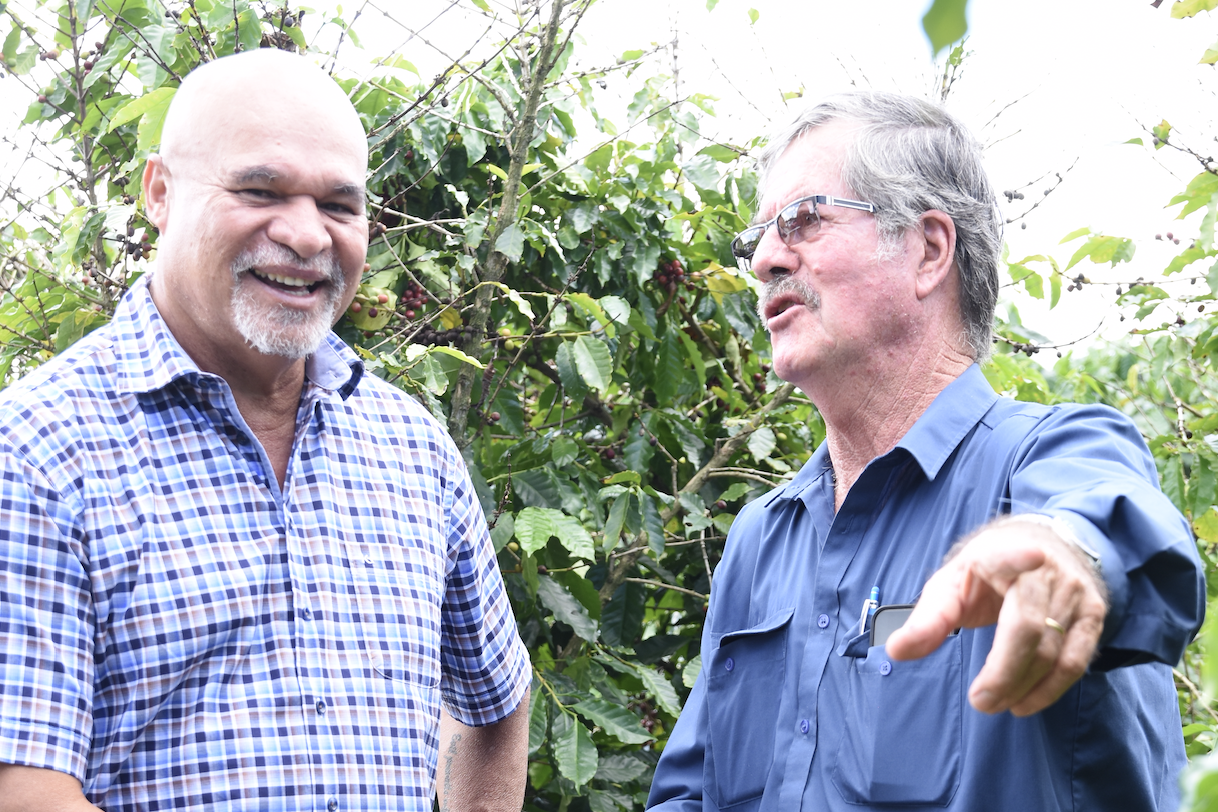 Papua New Guinea’s Deputy Prime Minister John Rosso speaks with Nat Jaques from Jaques Australian Coffee on Wednesday about how his family can help reinvigorate the country’s coffee industry.