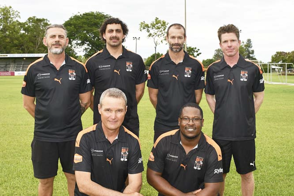 (from top left): club president: Ange Tatti, youth coach: Tyson Tatti, premier coach: Victor Madrid: technical director of coaching: Kane Alderton, reserves coach: Alan Prizmic and women’s coach: Christian Mukadi.