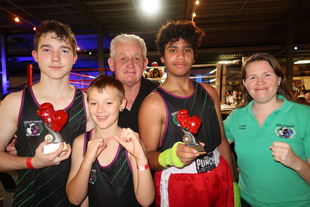 Blake Whitford, Tommy Robinson, Ashley Cupitt OAM, Deakin Csoma-Weare and Louise Anderson-Clemence at the recent Kingdom Boxing Club tournament.
