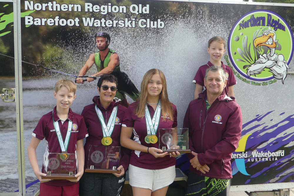Northern Region Barefoot Waterski Club members Mark Molford, Katina Davis, Lindsie Jack, Geoff Riesen (below) and Justin Molford with their numerous medals and accolades after the state and national barefoot water skiing titles held recently.